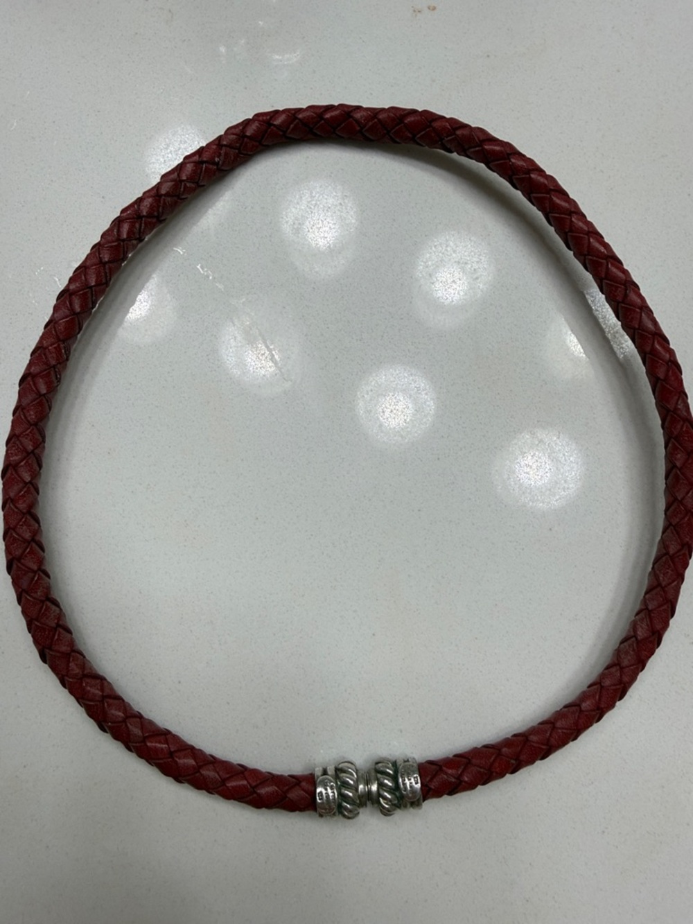 Judith Ripka Braided Leather Choker Necklace in Deep Red with Silver Accent